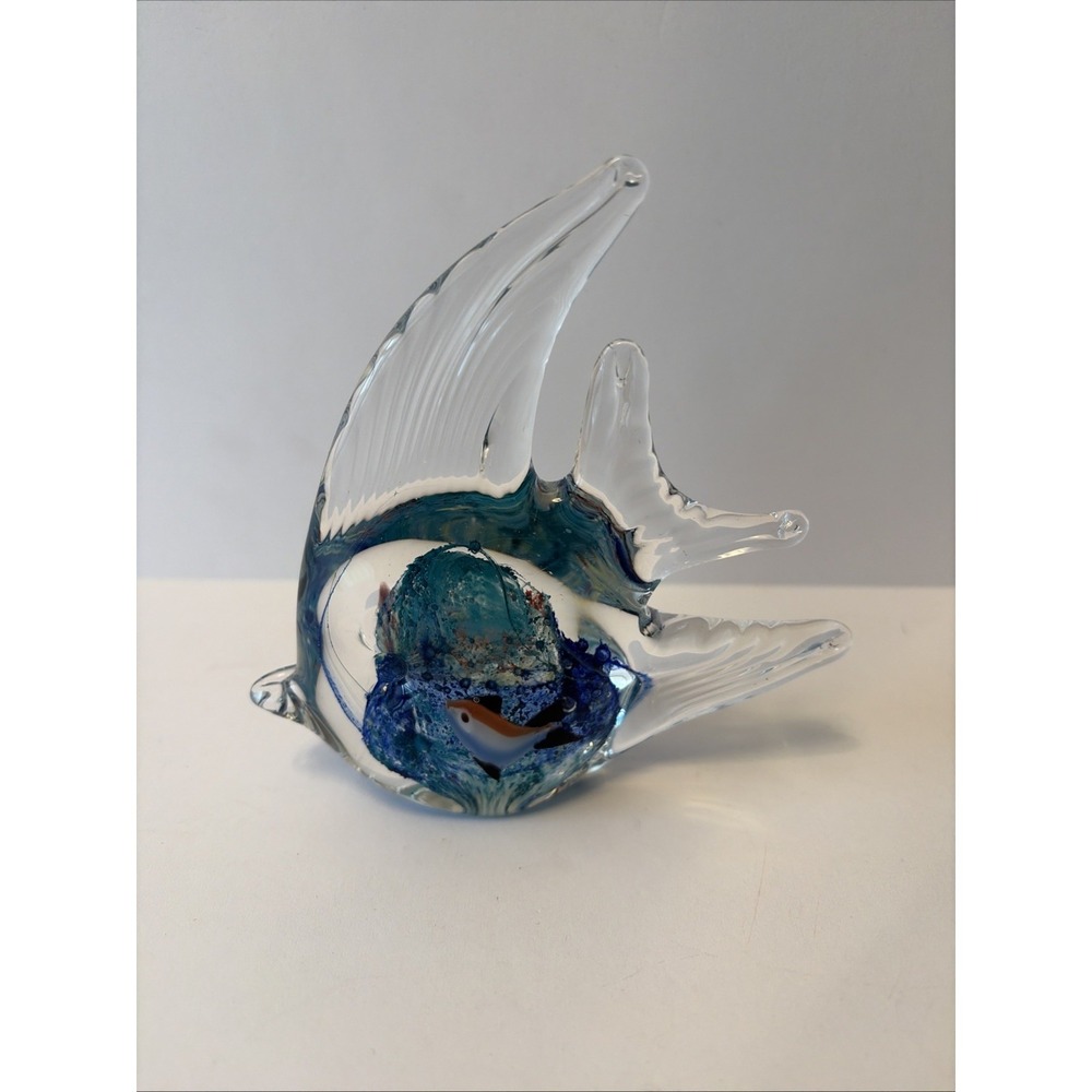 Art Glass Angel Fish Hand Blown Murano Style Paperweight Figurine Blue 5 Inches